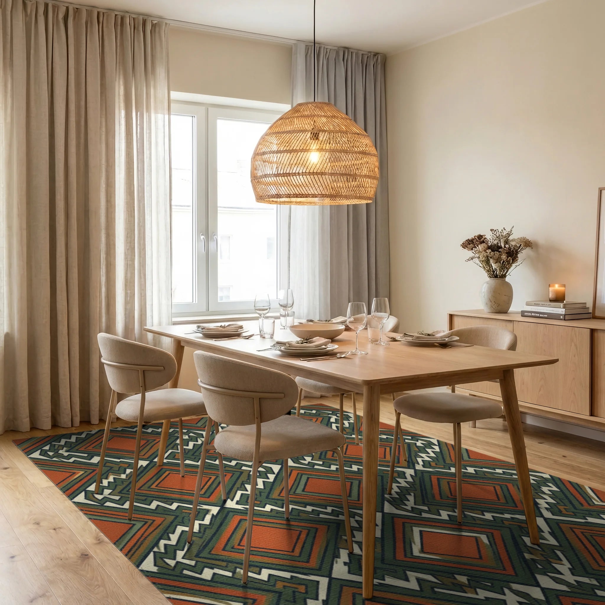 Orange Green White Rug - dining_room