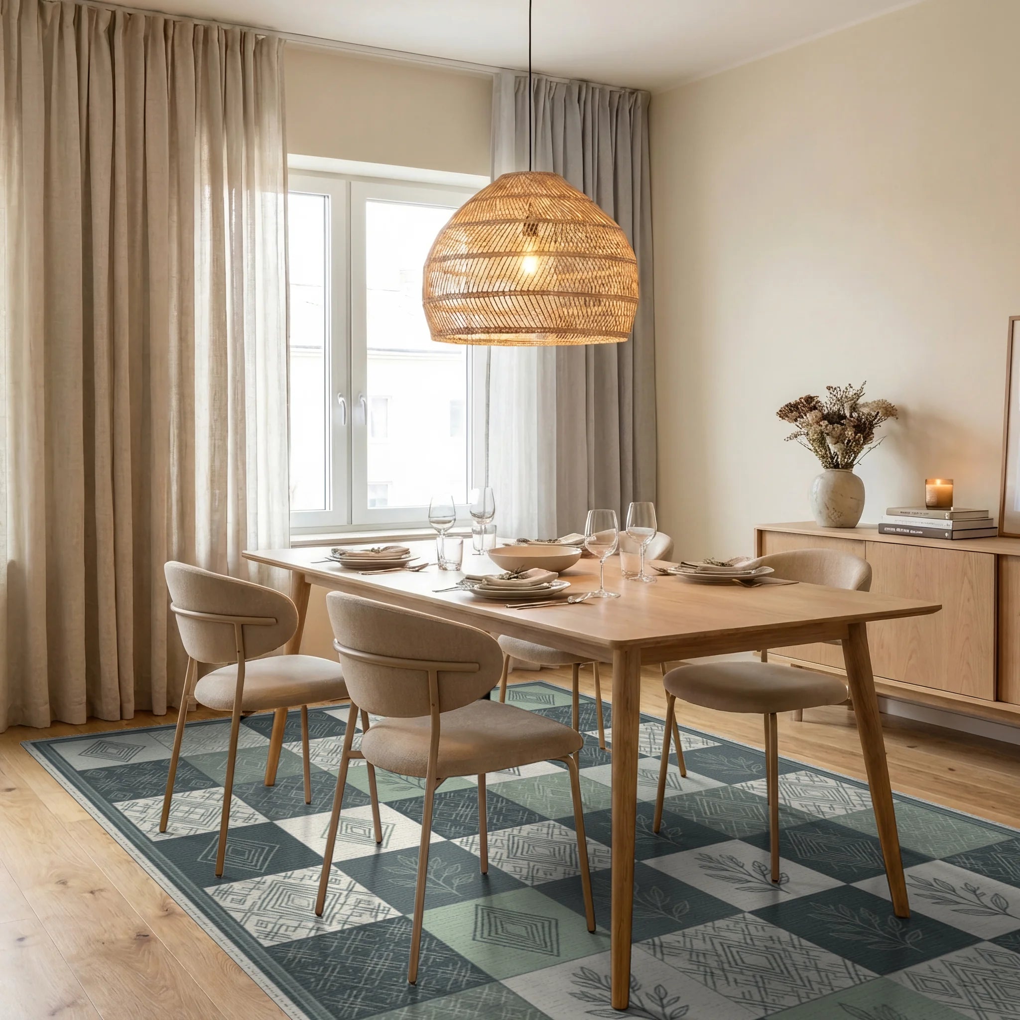 Green White Geometric Rug - dining_room