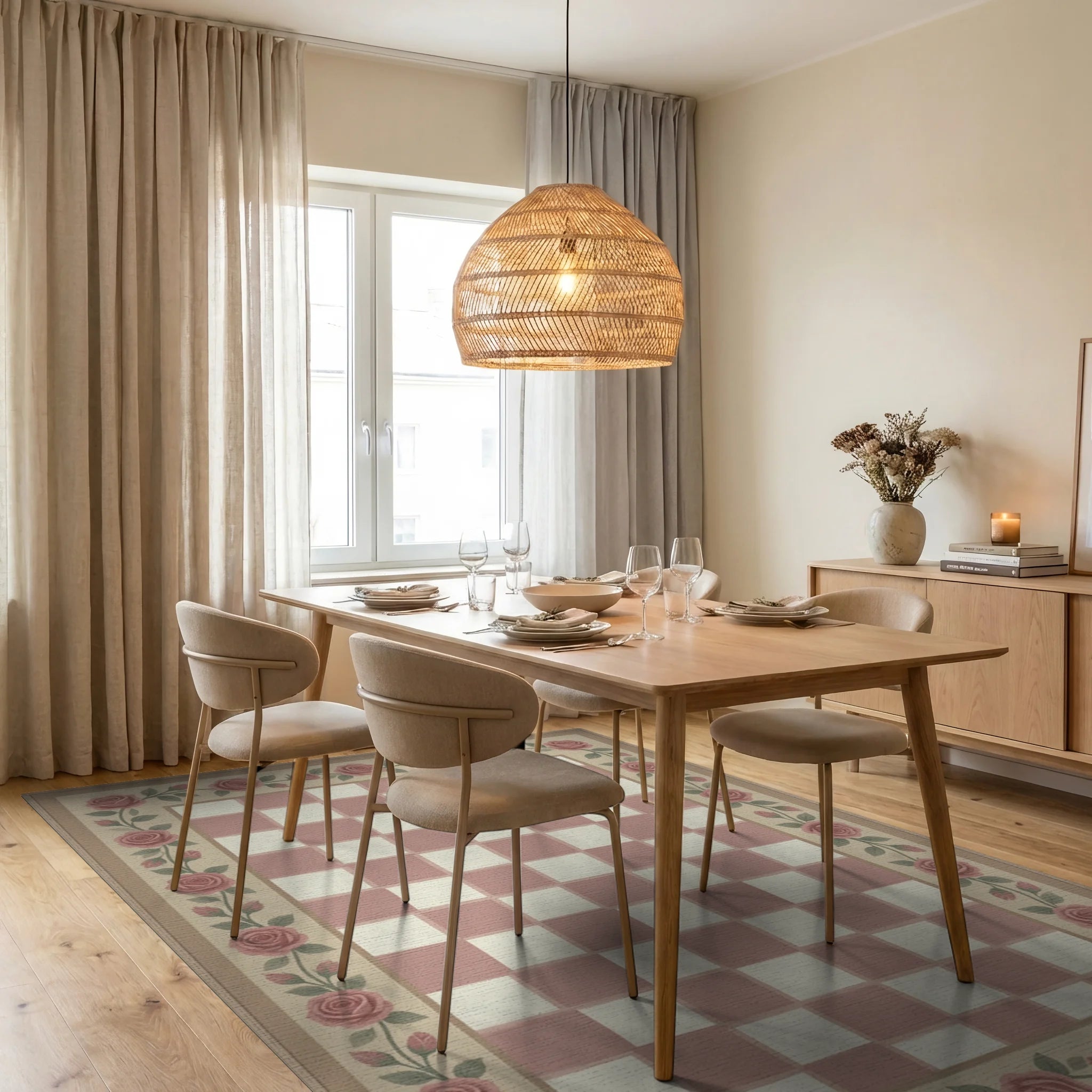 White Beige Green Rug - dining_room