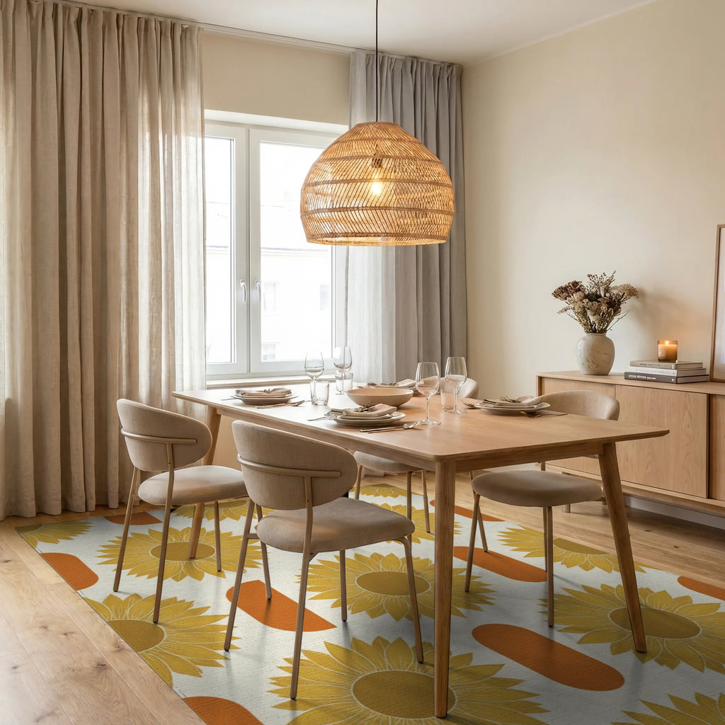 Minimalist Golden Sunflower Floral Rug - dining_room