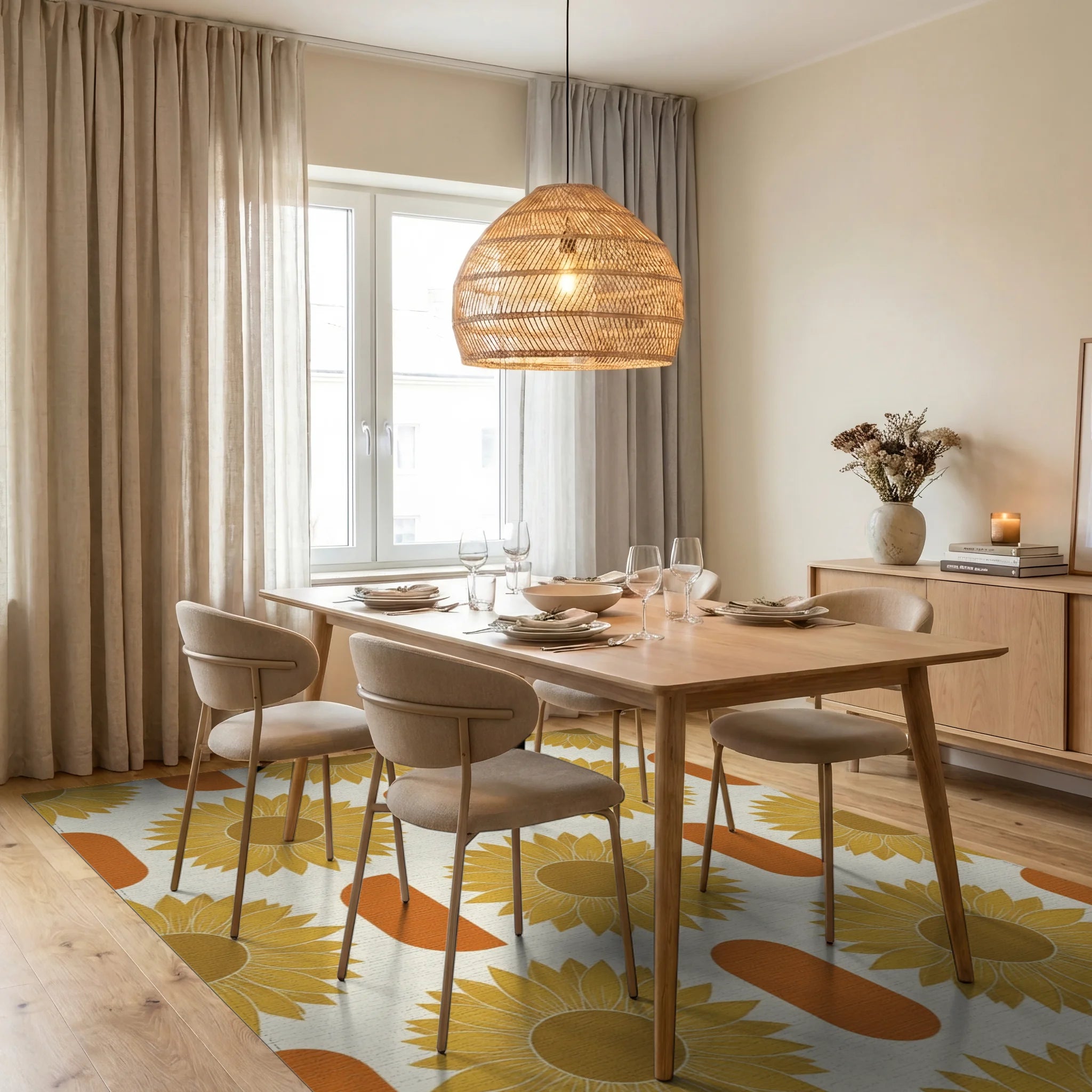 Minimalist Golden Sunflower Floral Rug - dining_room