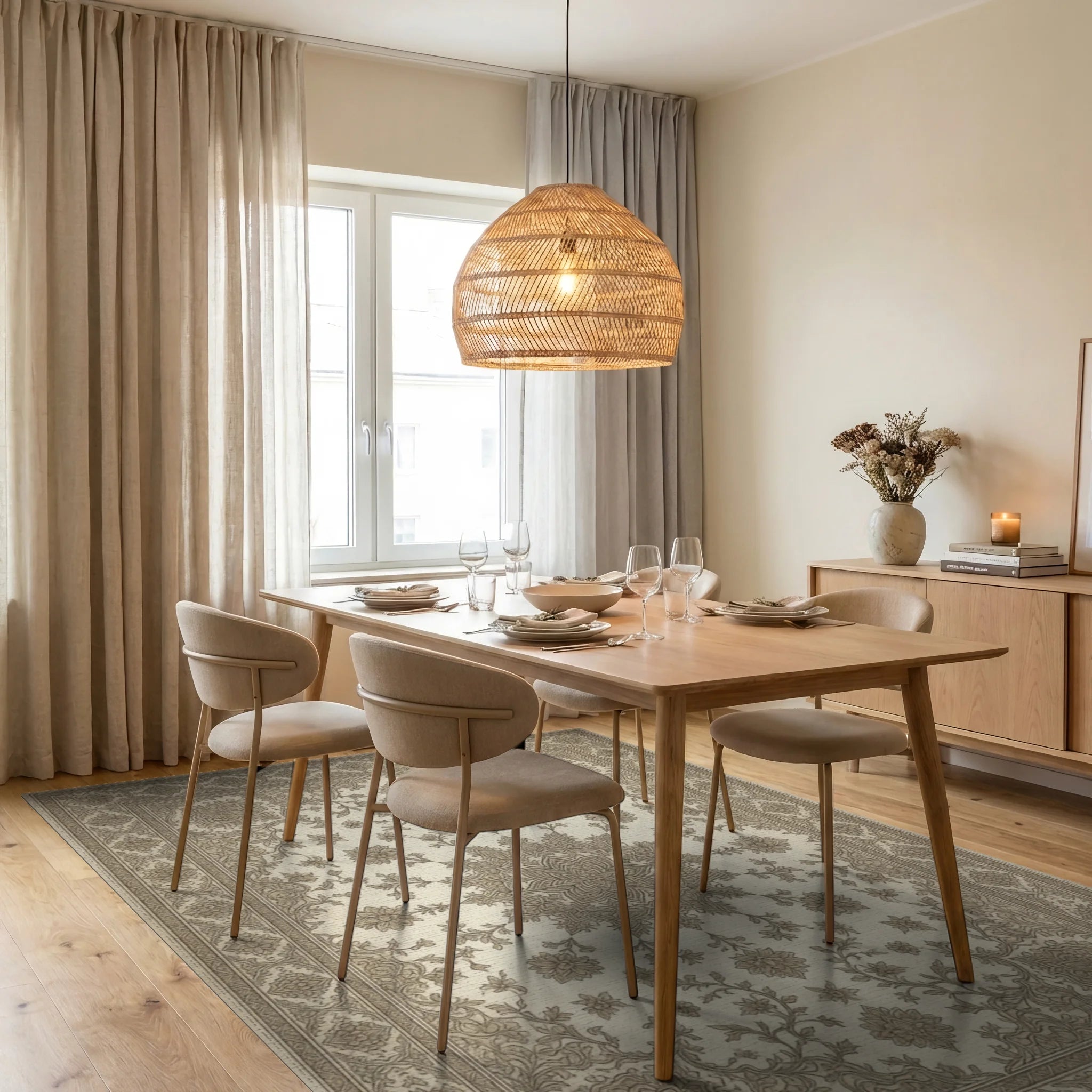Cream Brown Traditional Rug - dining_room