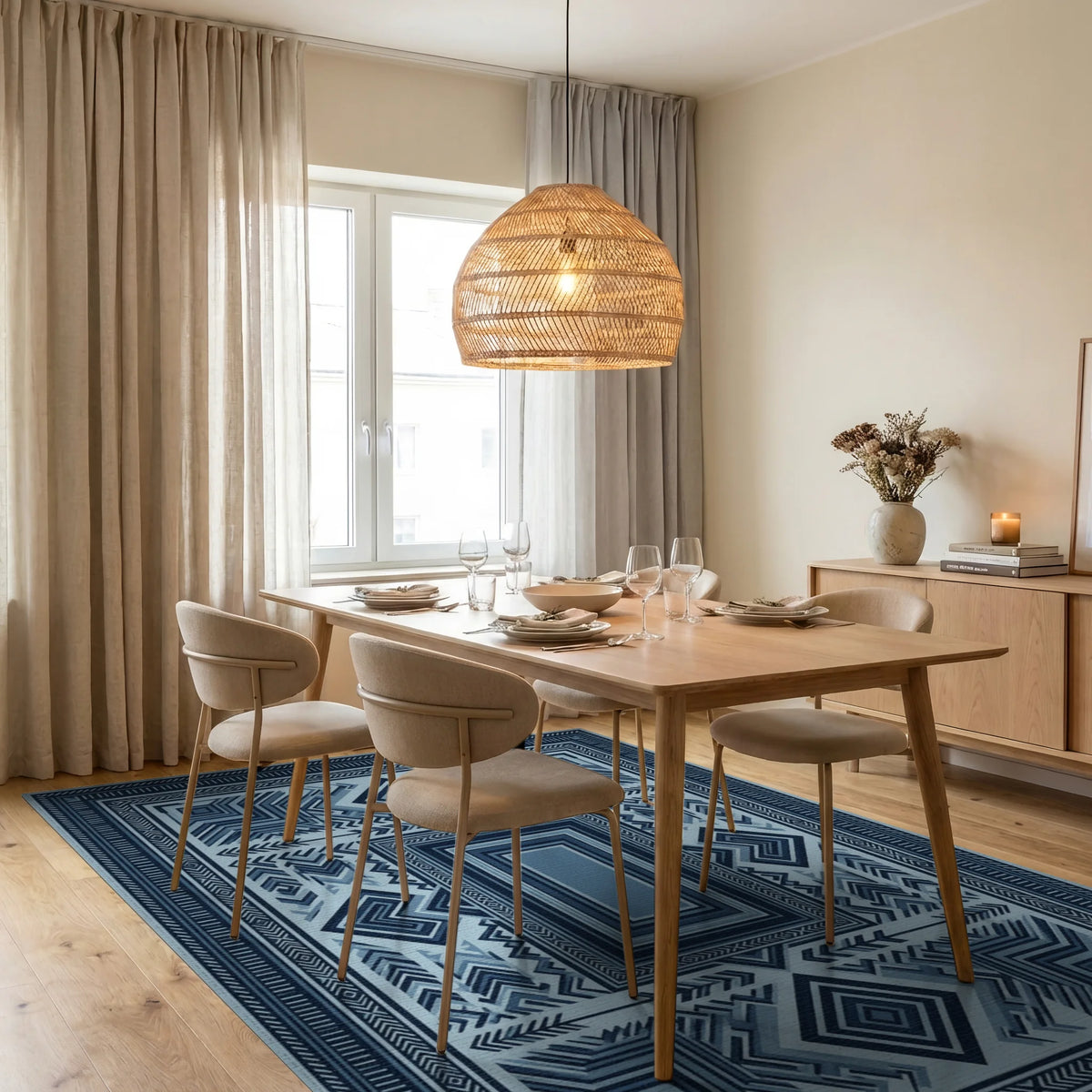 Symmetrical Indigo Geometric Folk Art Rug - dining_room