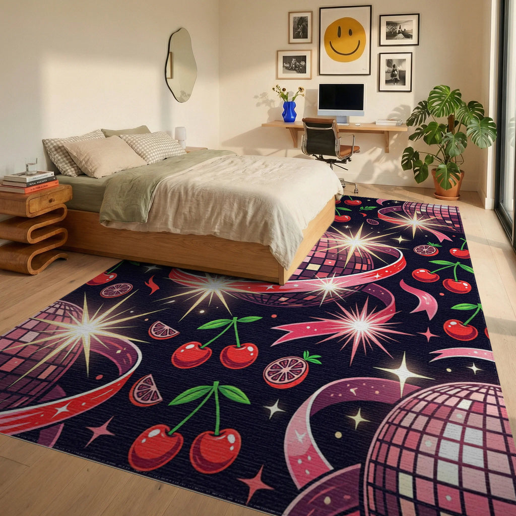 Disco Mirror Ball Cherry Retro Cosmic Rug Bedroom View