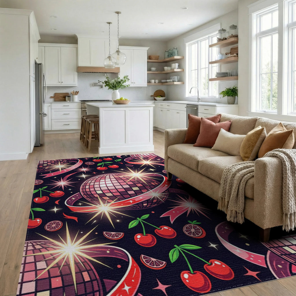 Disco Mirror Ball Cherry Retro Cosmic Rug Living Room View
