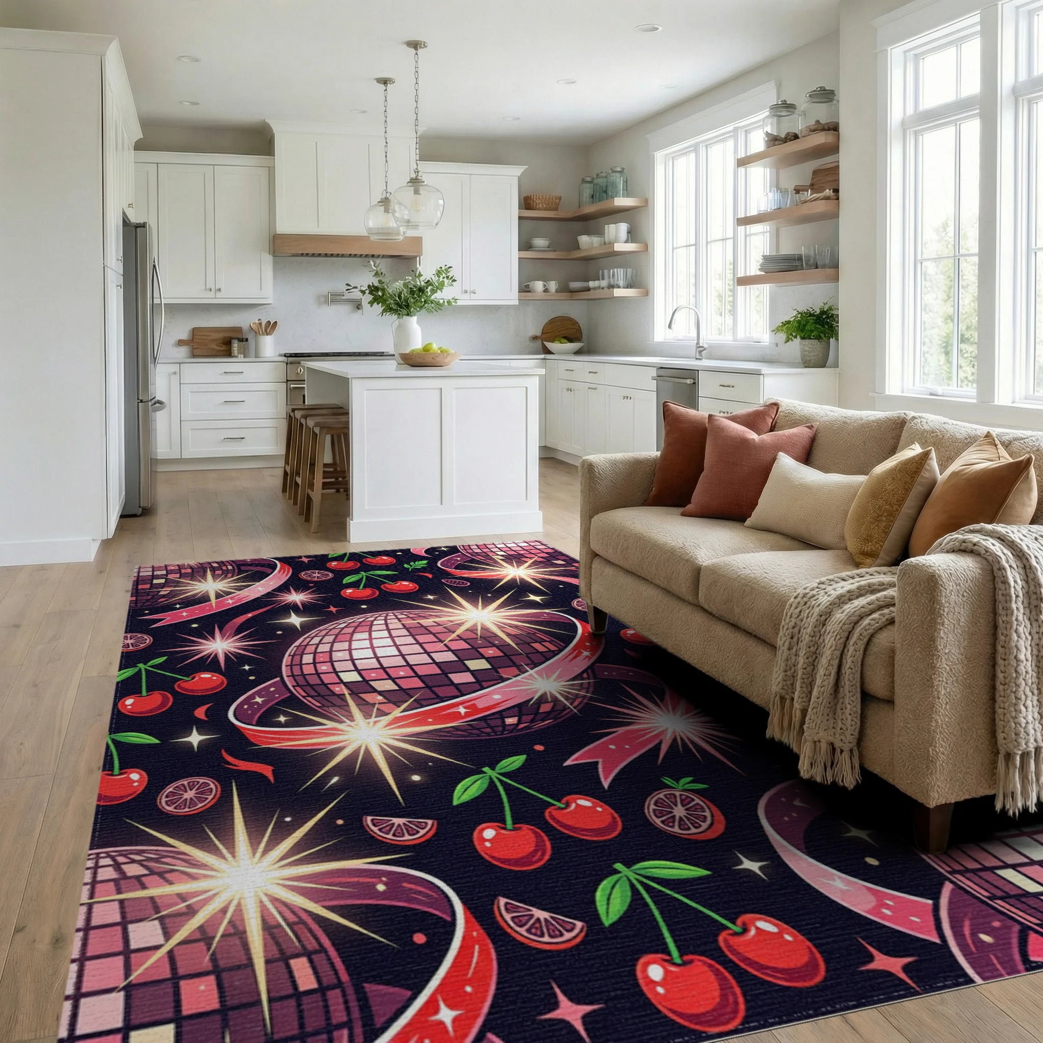 Disco Mirror Ball Cherry Retro Cosmic Rug Living Room View