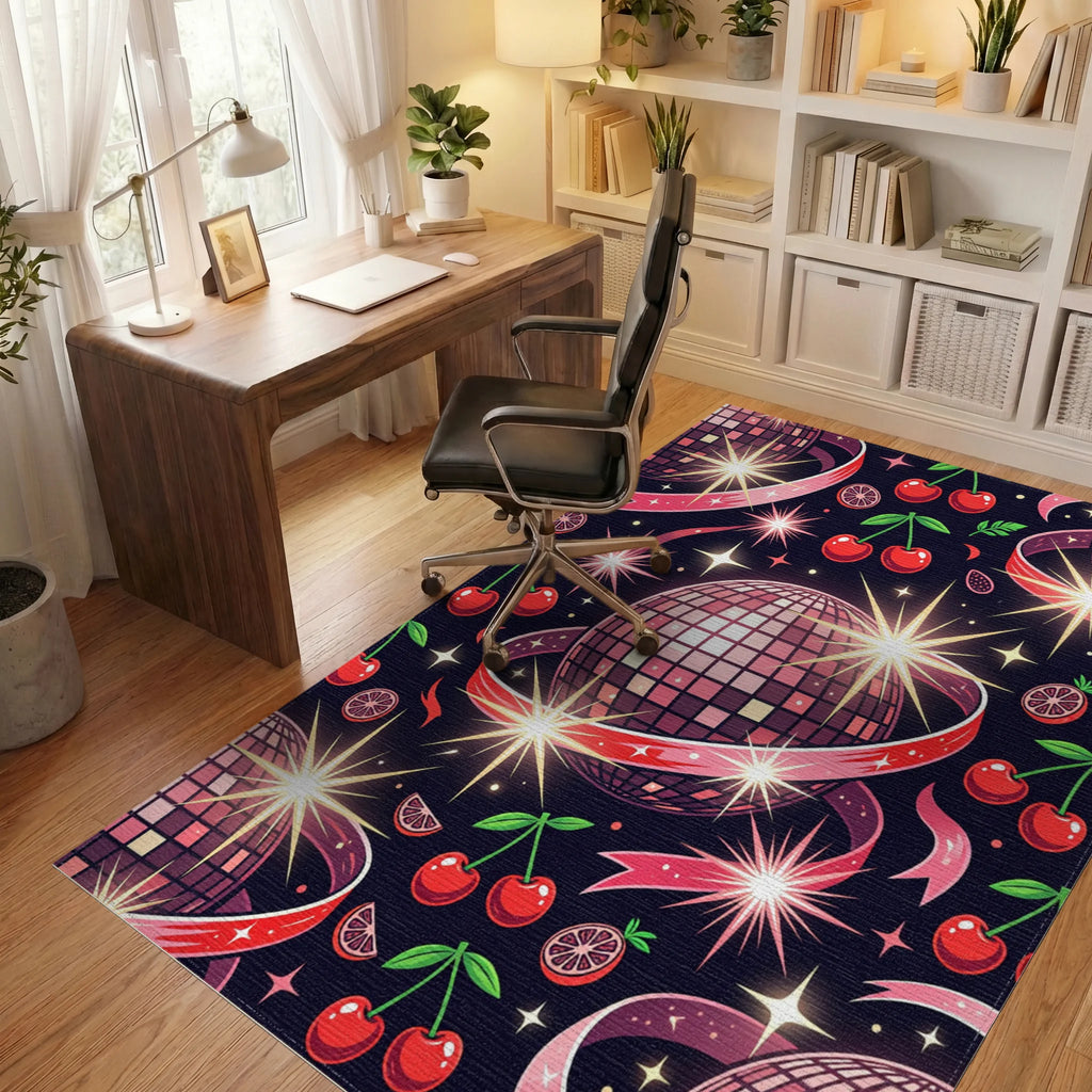 Disco Mirror Ball Cherry Retro Cosmic Rug Office View