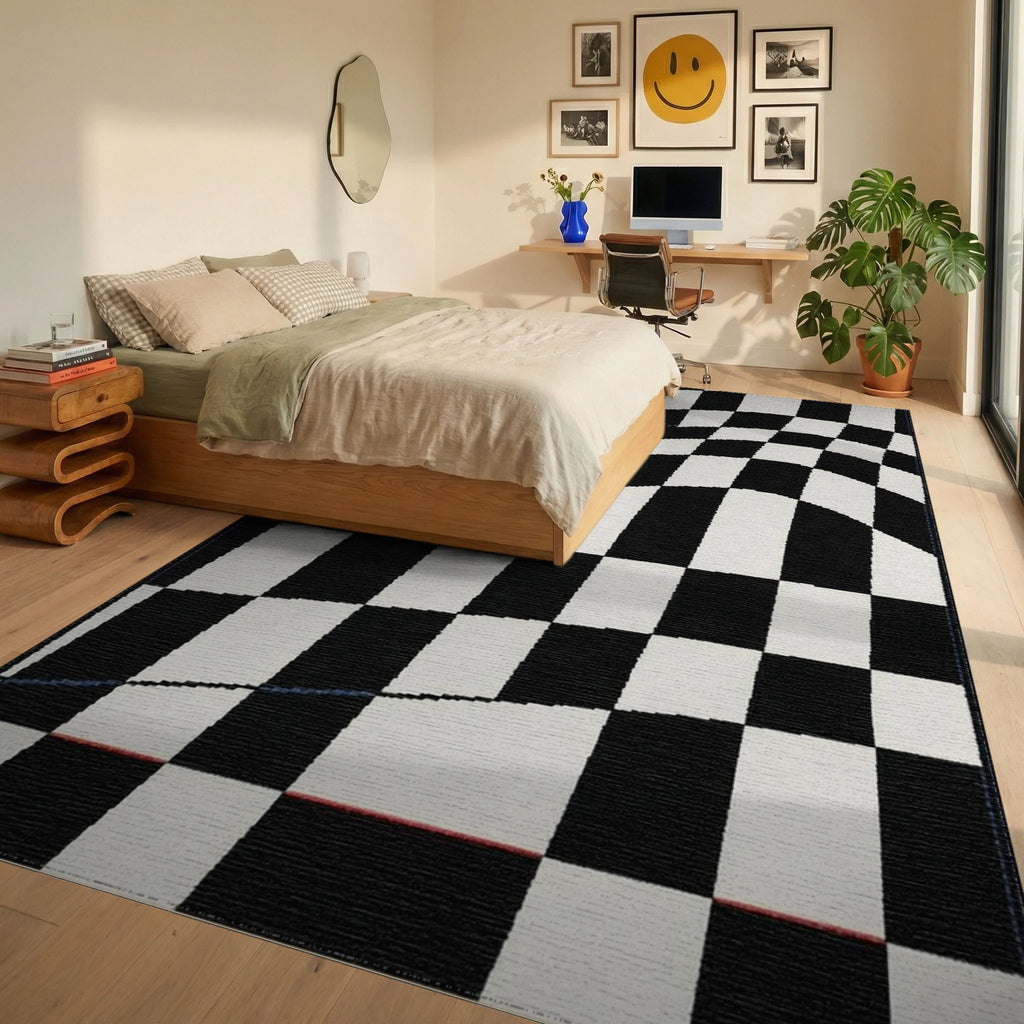 Distorted Black White Checkered Curve Rug - Bedroom View