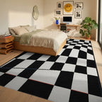 Distorted Black White Checkered Curve Rug - Bedroom View