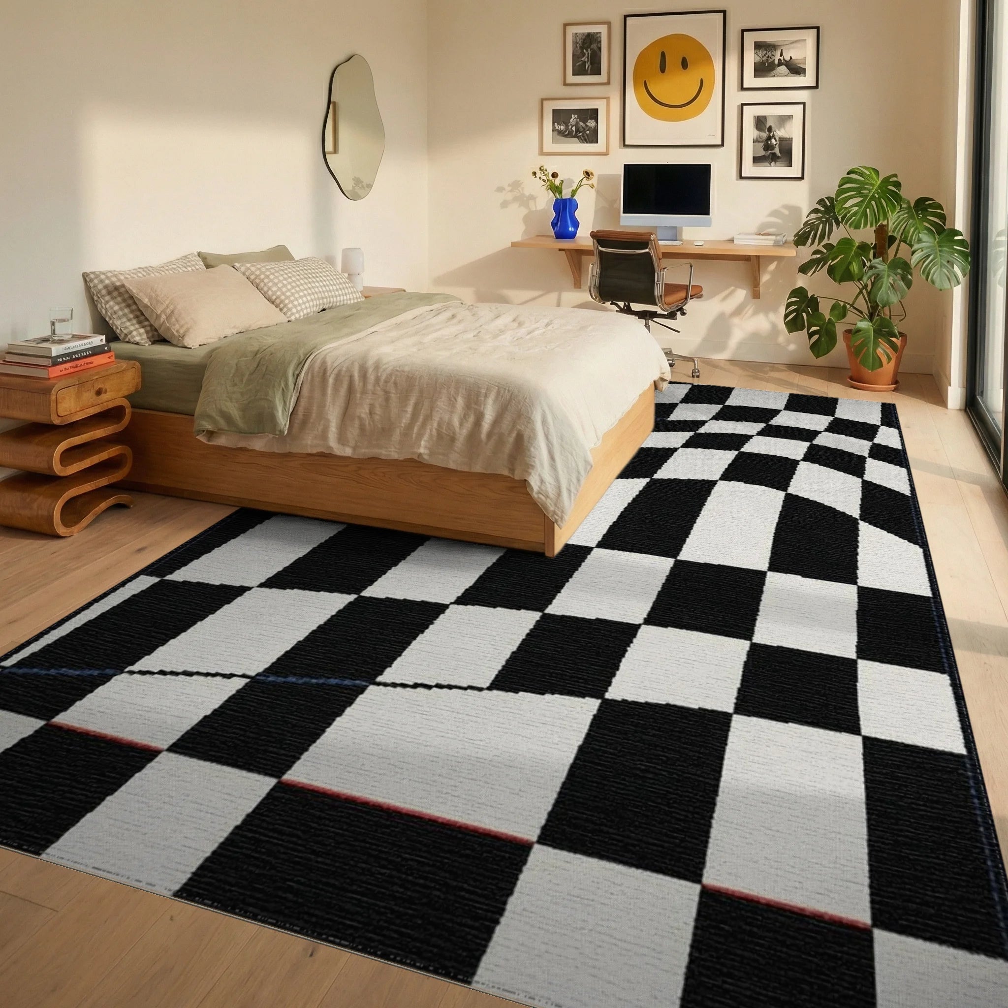 Distorted Black White Checkered Curve Rug - Bedroom View