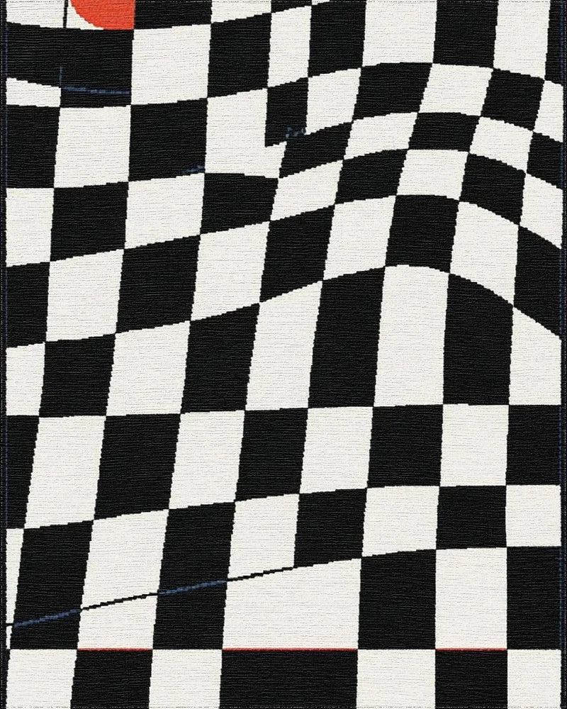 Distorted Black White Checkered Curve Rug - Cutout View