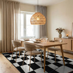 Distorted Black White Checkered Curve Rug - Dining Room View