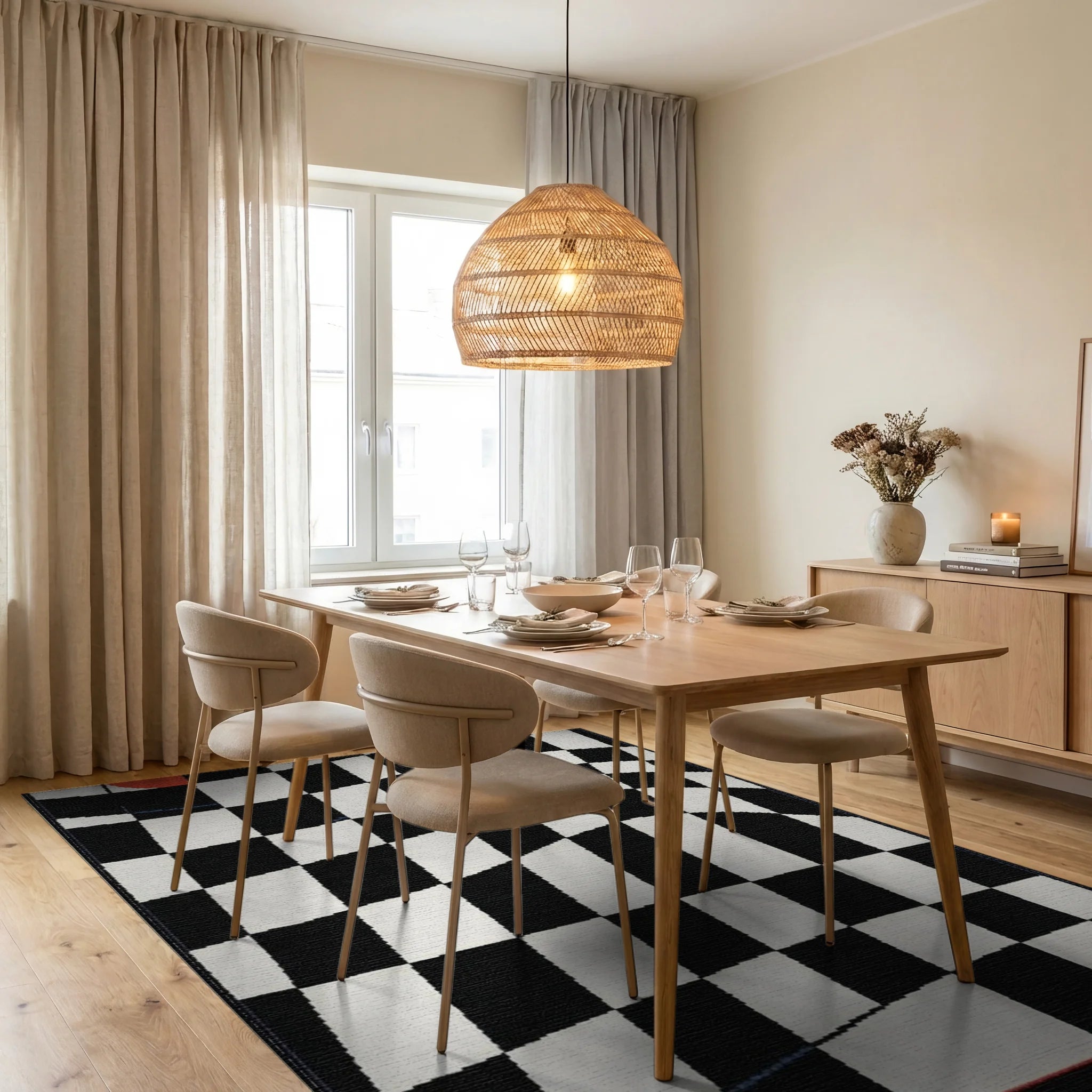 Distorted Black White Checkered Curve Rug - Dining Room View