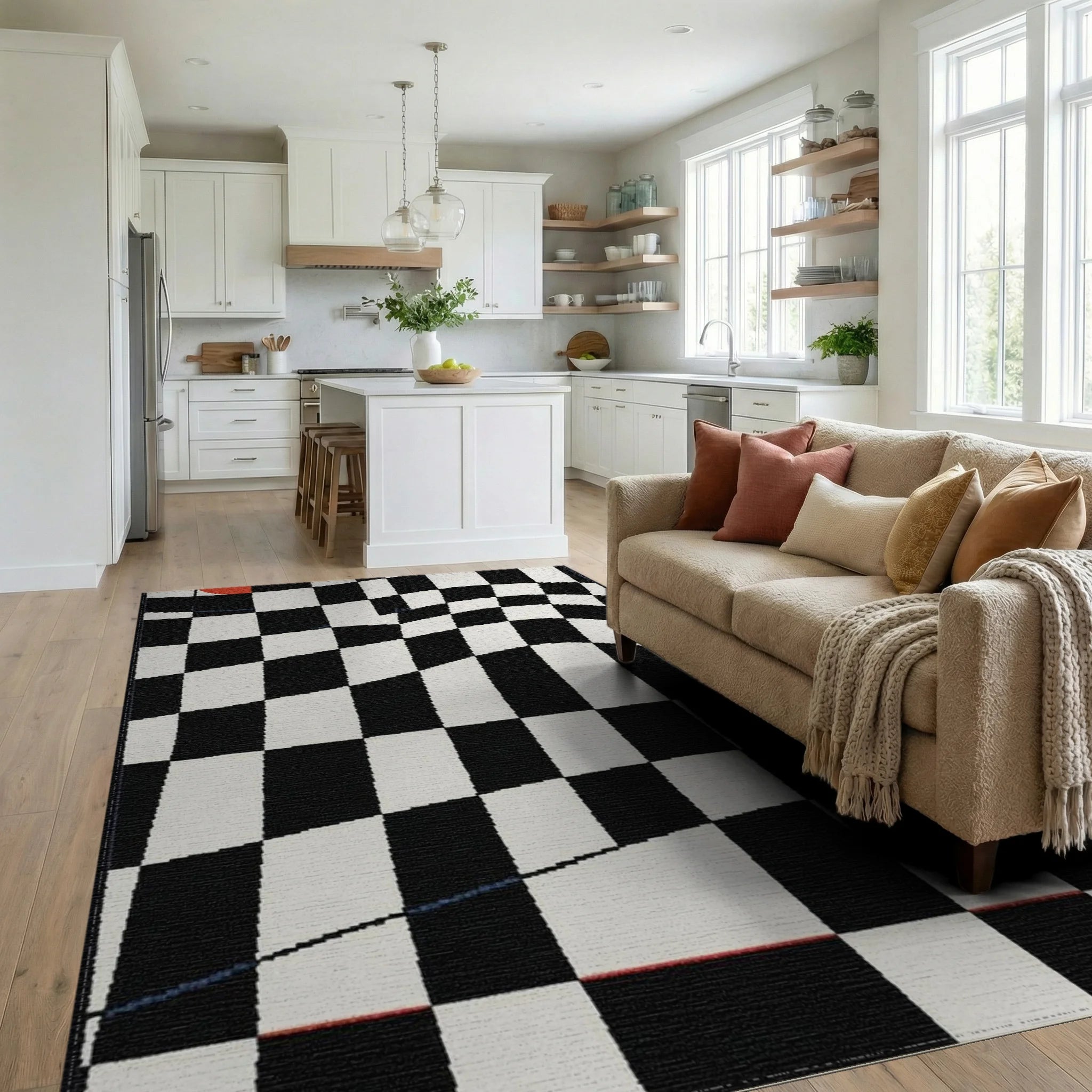 Distorted Black White Checkered Curve Rug - Living Room View