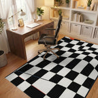 Distorted Black White Checkered Curve Rug - Office View