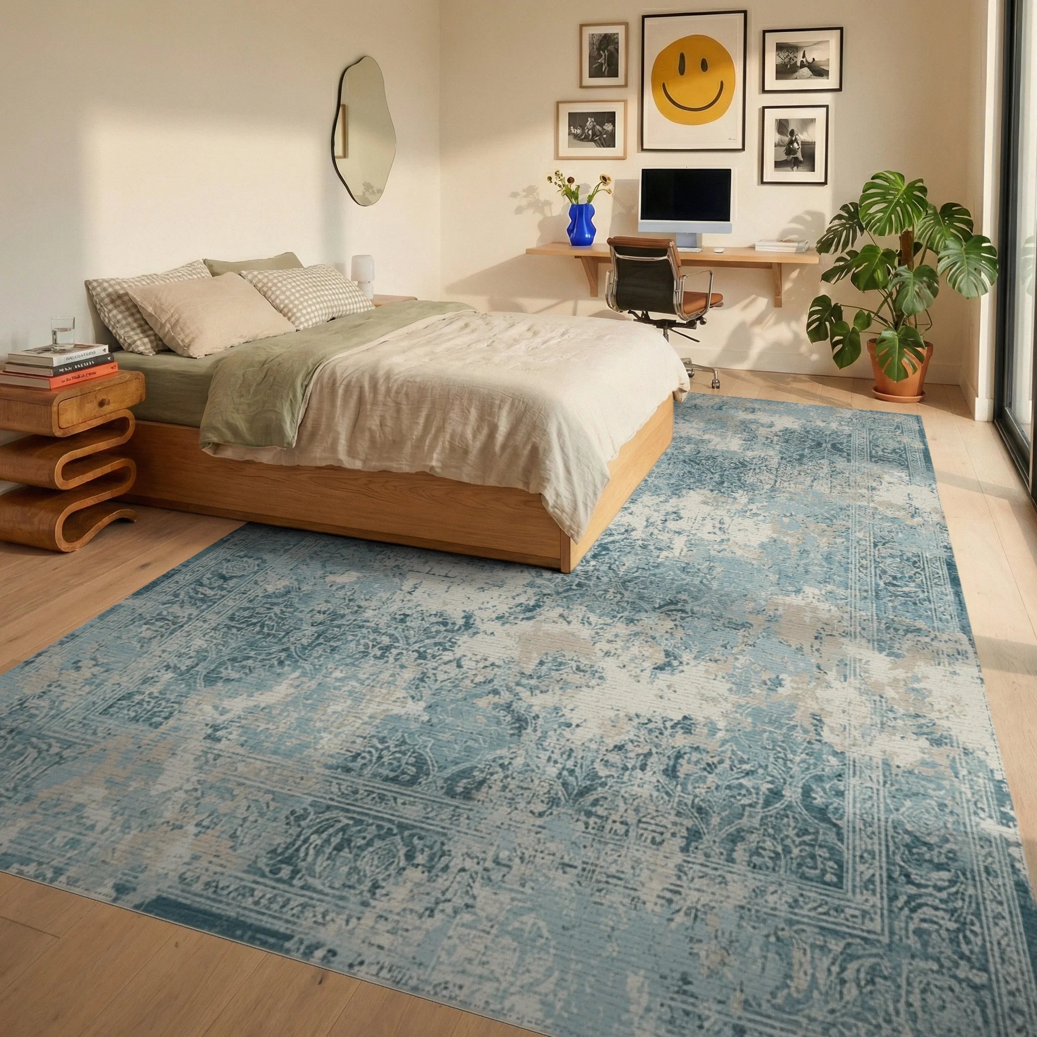Distressed Aqua Damask Floral Border Rug Bedroom View