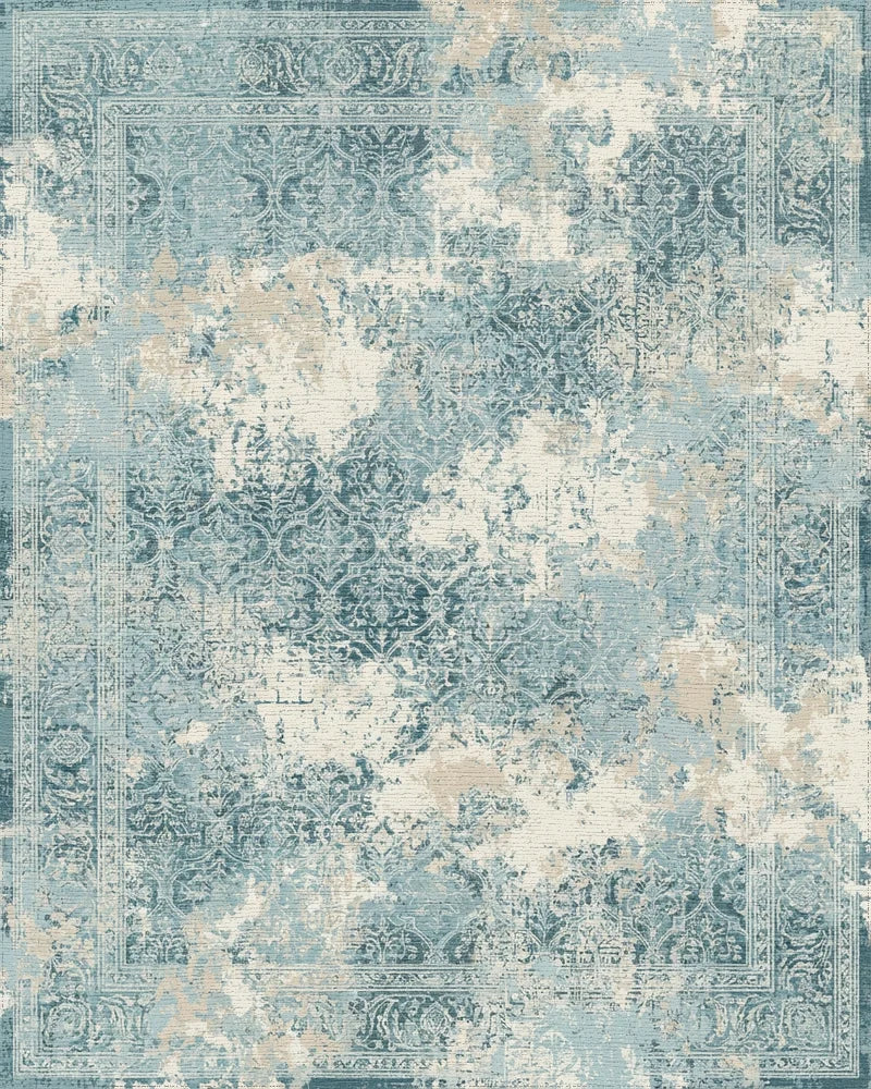 Distressed Aqua Damask Floral Border Rug - Cutout View