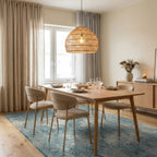 Distressed Aqua Damask Floral Border Rug Dining Room View