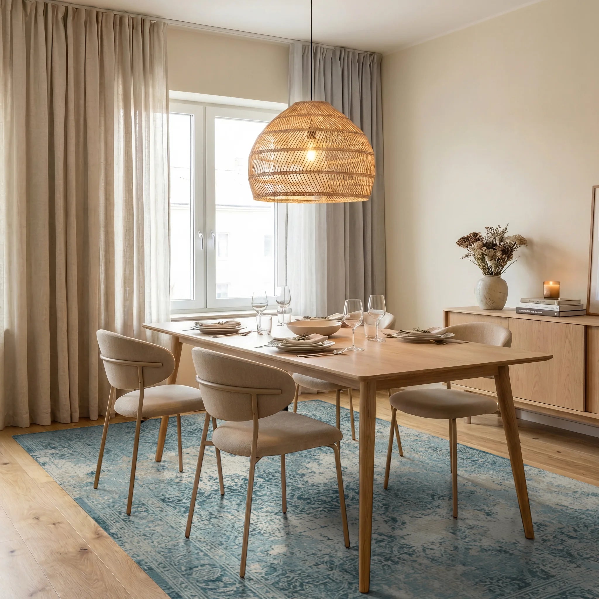 Distressed Aqua Damask Floral Border Rug Dining Room View