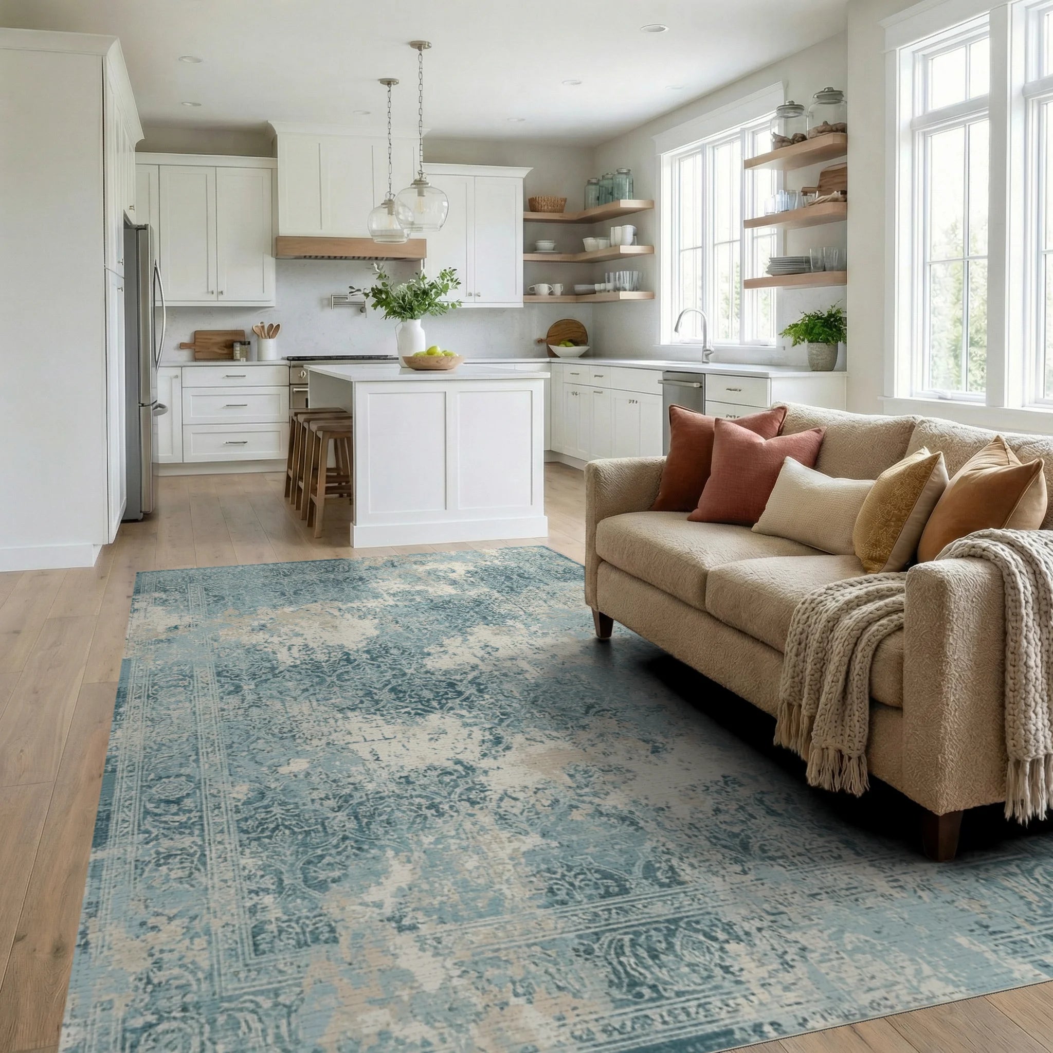 Distressed Aqua Damask Floral Border Rug Living Room View