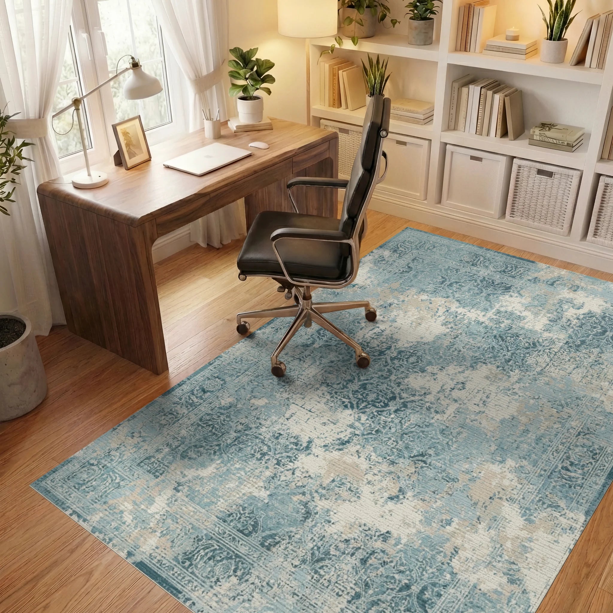 Distressed Aqua Damask Floral Border Rug Office View
