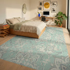 Distressed Aqua Medallion Arrangement Rug Bedroom View