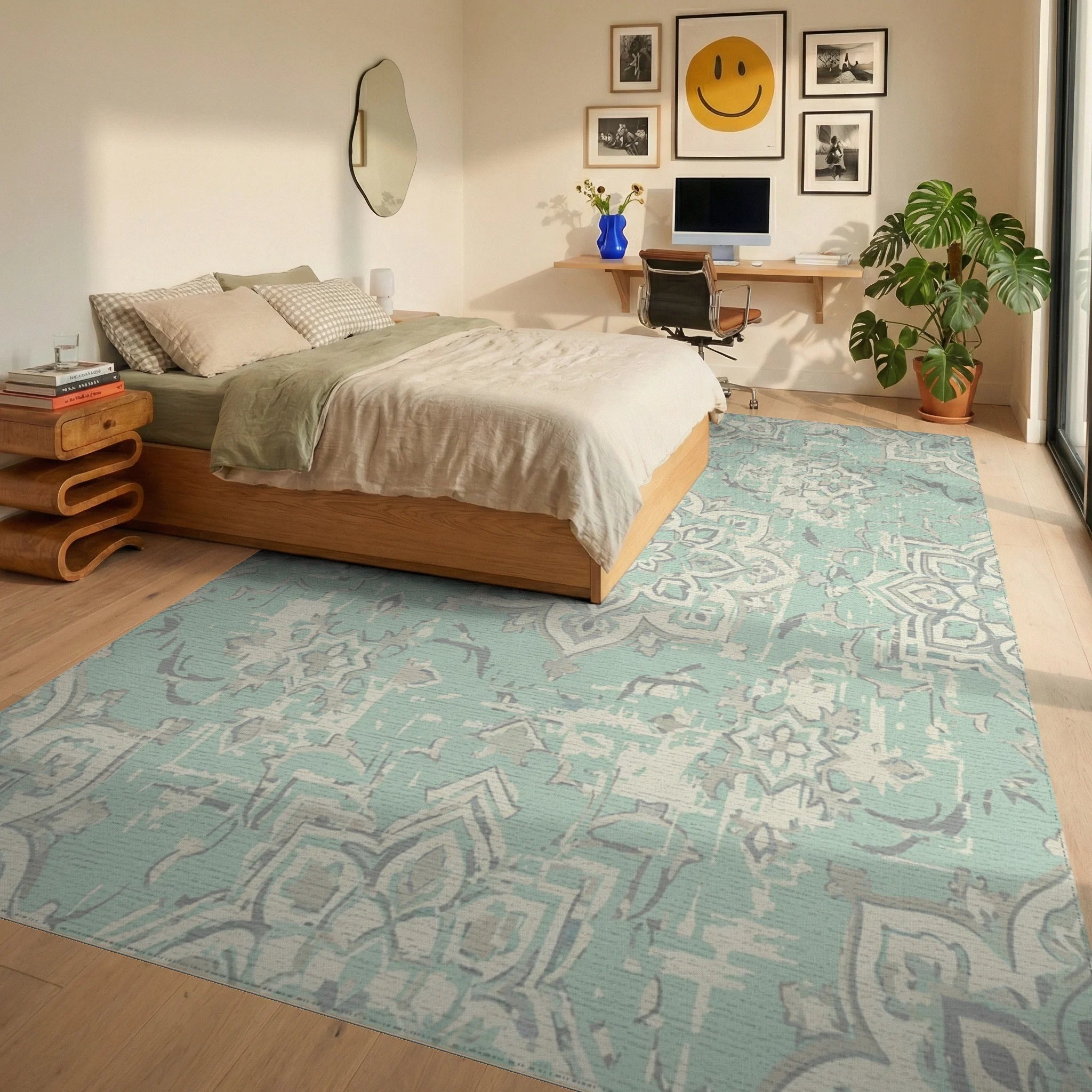 Distressed Aqua Medallion Arrangement Rug Bedroom View