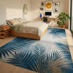 Distressed Blue Palm Fronds Rug - Bedroom View