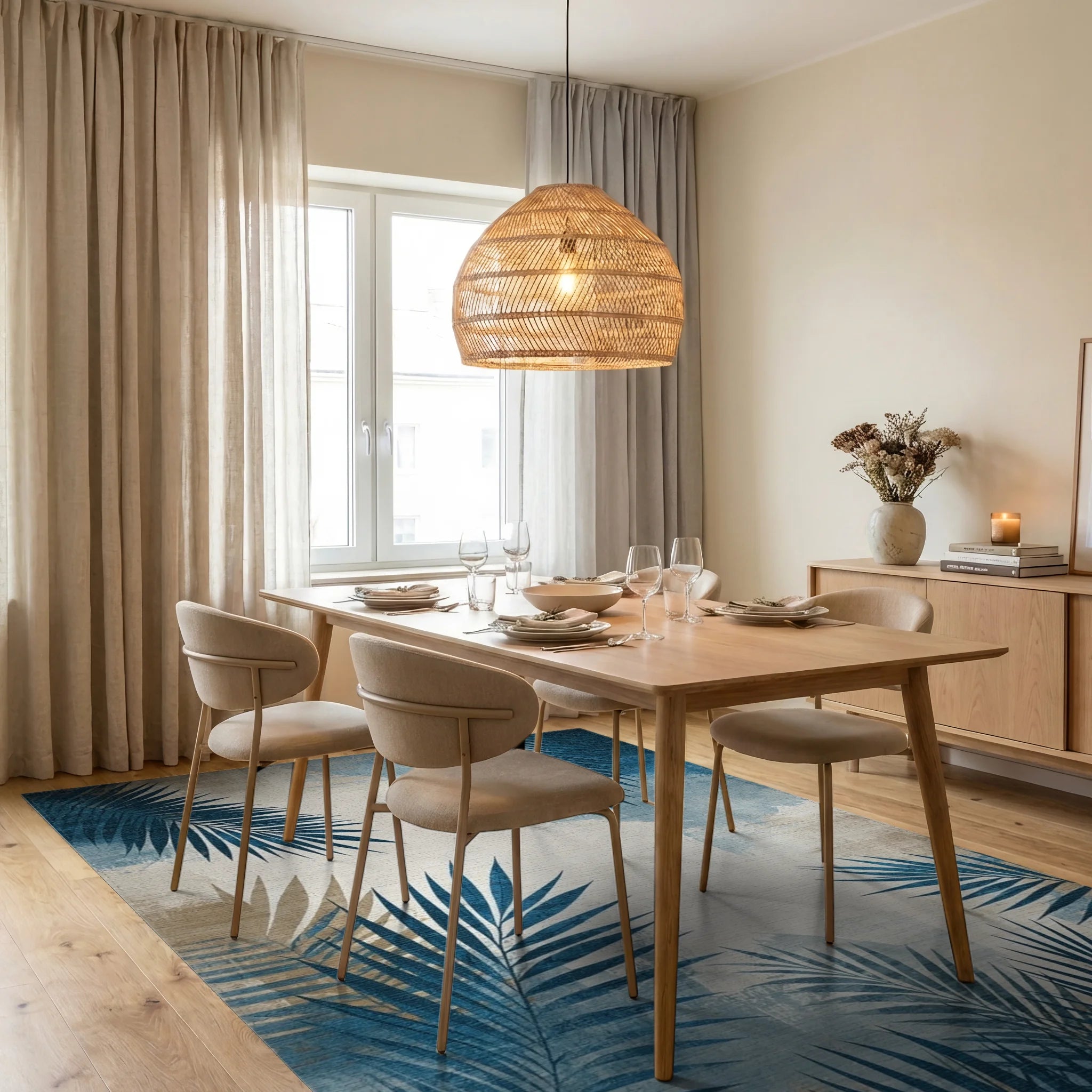 Distressed Blue Palm Fronds Rug - Dining Room View