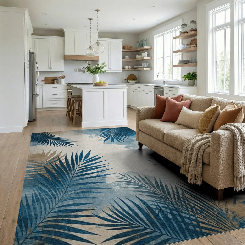Distressed Blue Palm Fronds Rug - Living Room View