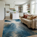 Distressed Blue Palm Fronds Rug - Living Room View