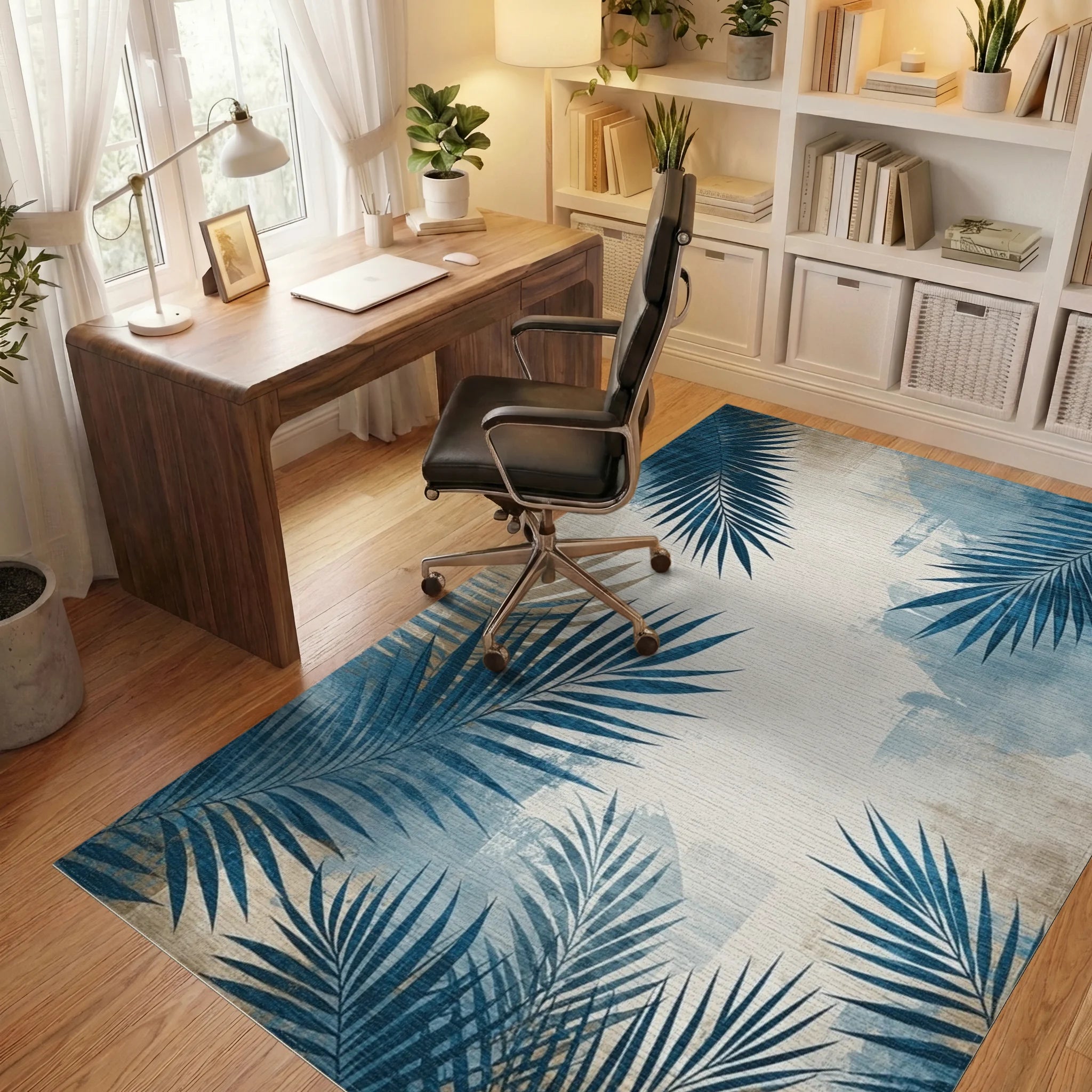 Distressed Blue Palm Fronds Rug - Office View