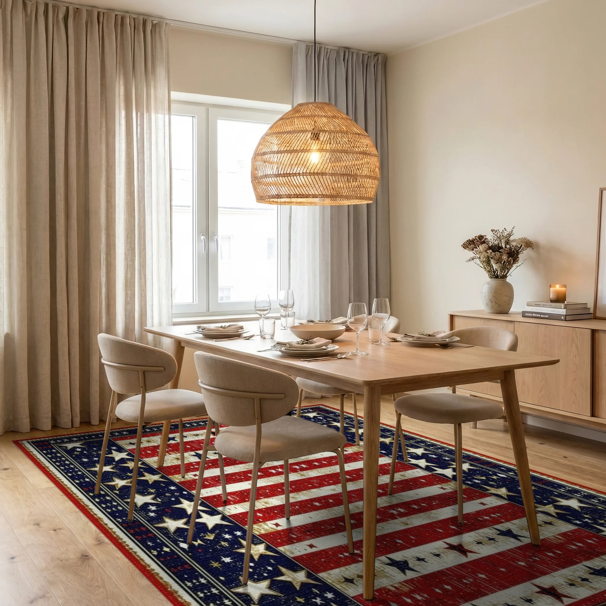 Distressed Flag Stars Stripes Rug - Dining Room View