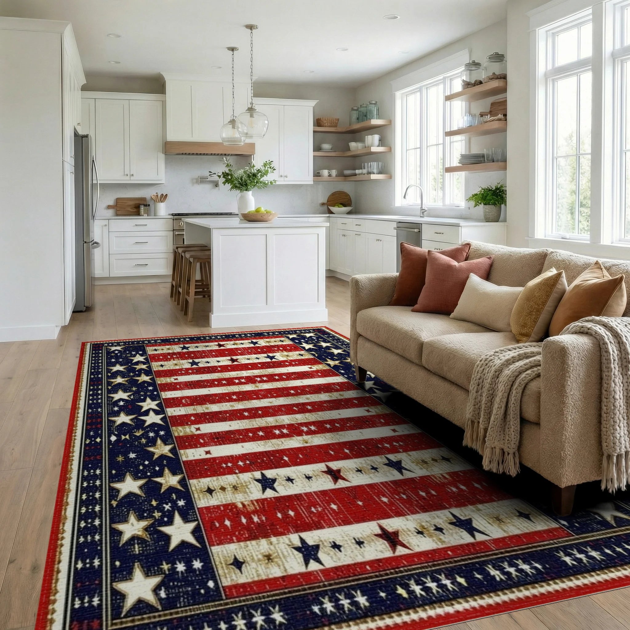 Distressed Flag Stars Stripes Rug - Living Room View