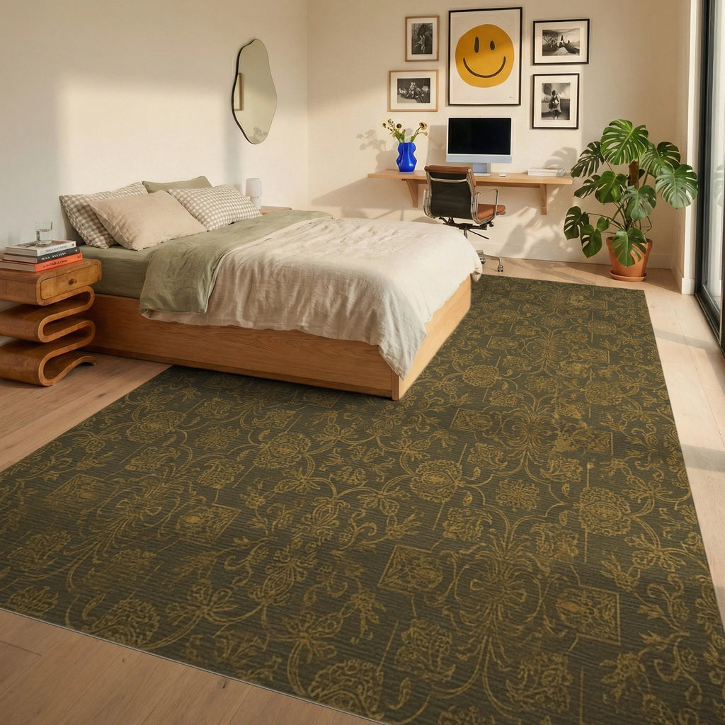 Distressed Gold Floral Damask Accents Rug Bedroom View
