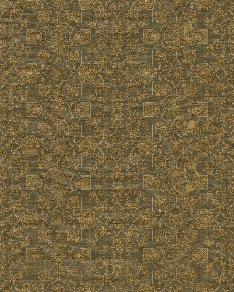Distressed Gold Floral Damask Accents Rug - Cutout View