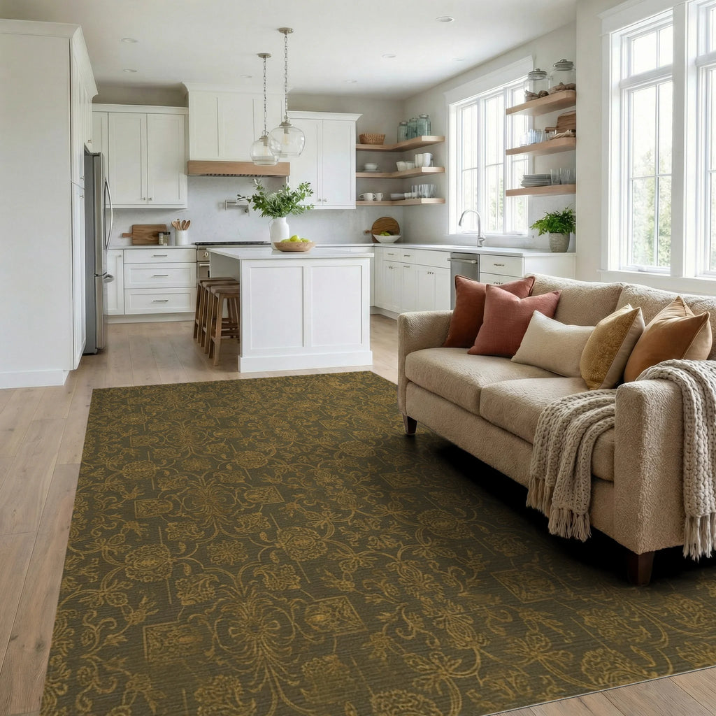 Distressed Gold Floral Damask Accents Rug Living Room View