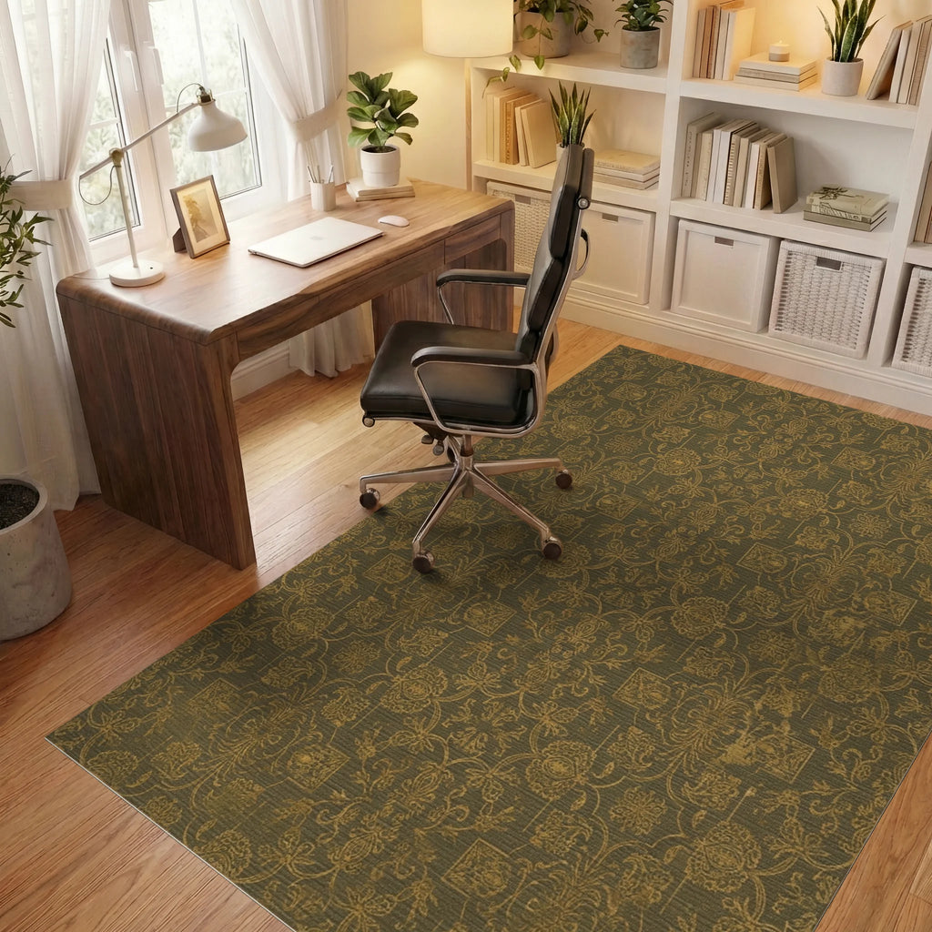Distressed Gold Floral Damask Accents Rug Office View