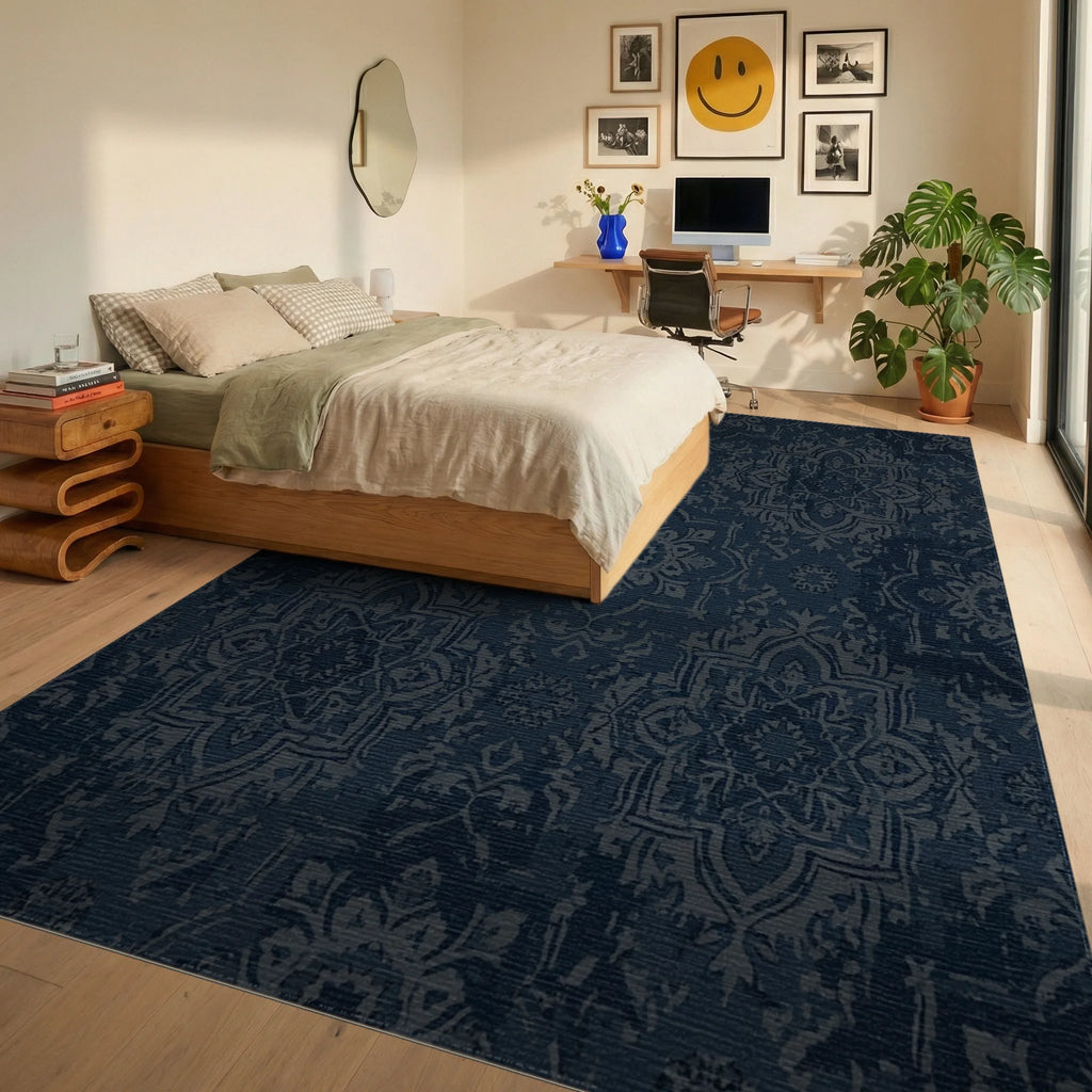 Distressed Midnight Blue Medallion Rug Bedroom View