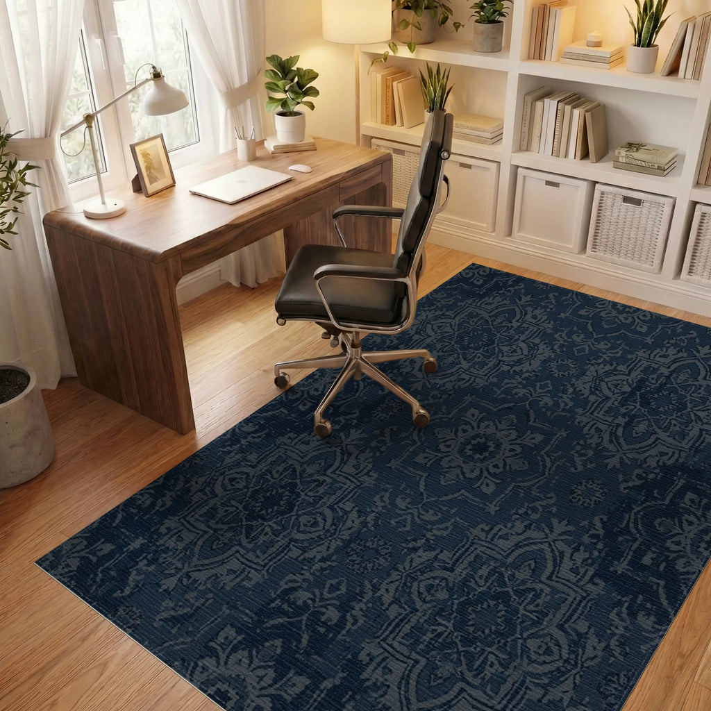 Distressed Midnight Blue Medallion Rug Office View