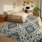 Distressed Navy Damask Medallion Rug Bedroom View