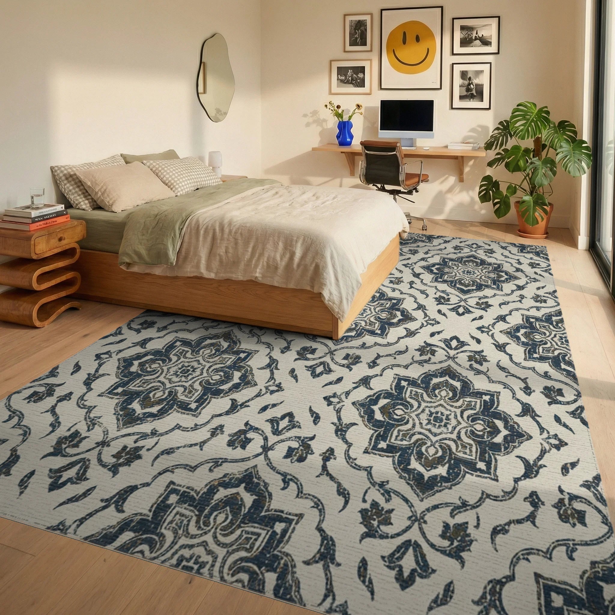 Distressed Navy Damask Medallion Rug Bedroom View