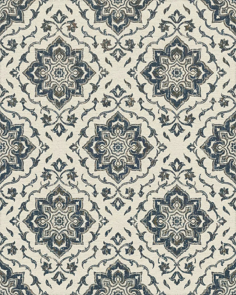 Distressed Navy Damask Medallion Rug - Cutout View