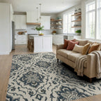 Distressed Navy Damask Medallion Rug Living Room View