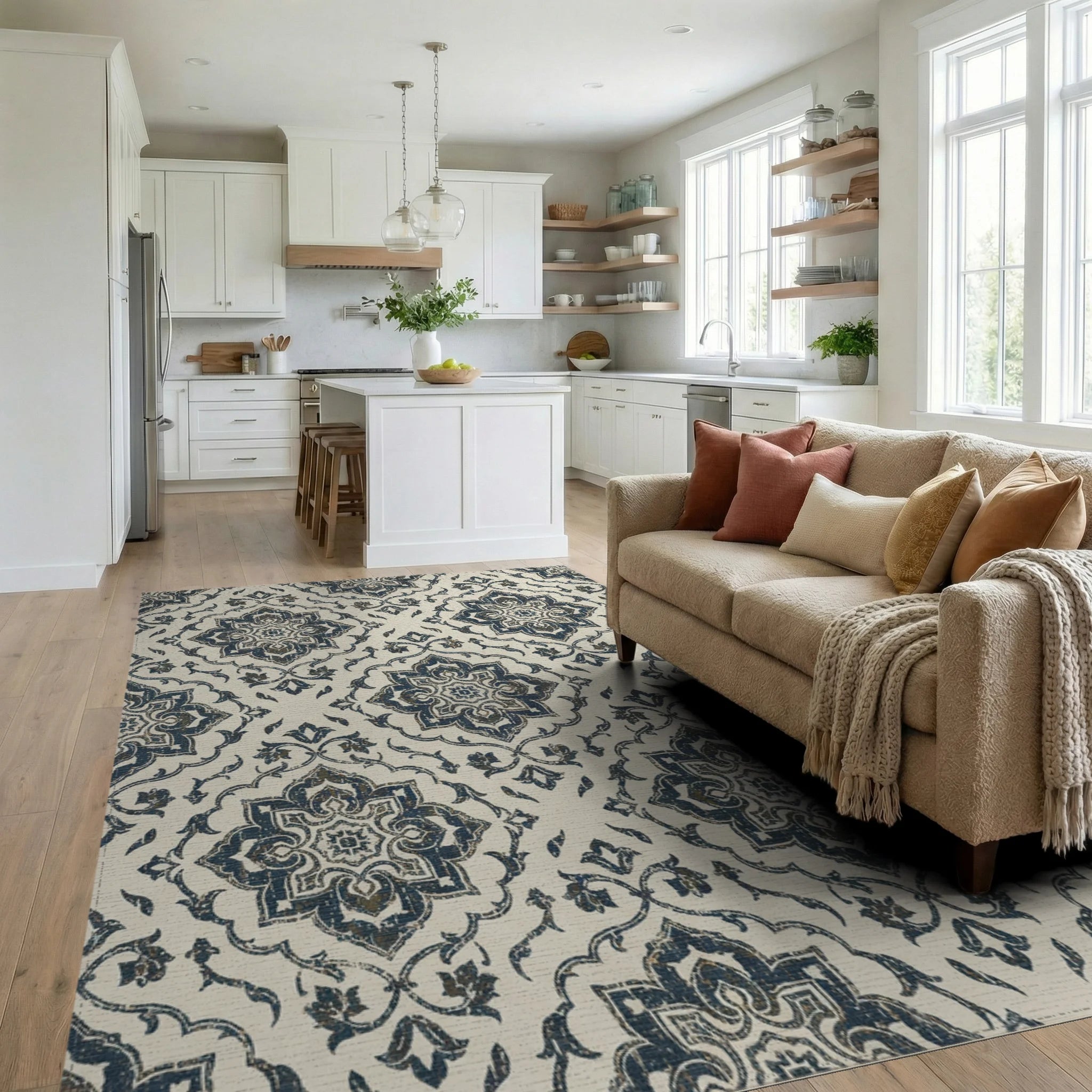 Distressed Navy Damask Medallion Rug Living Room View