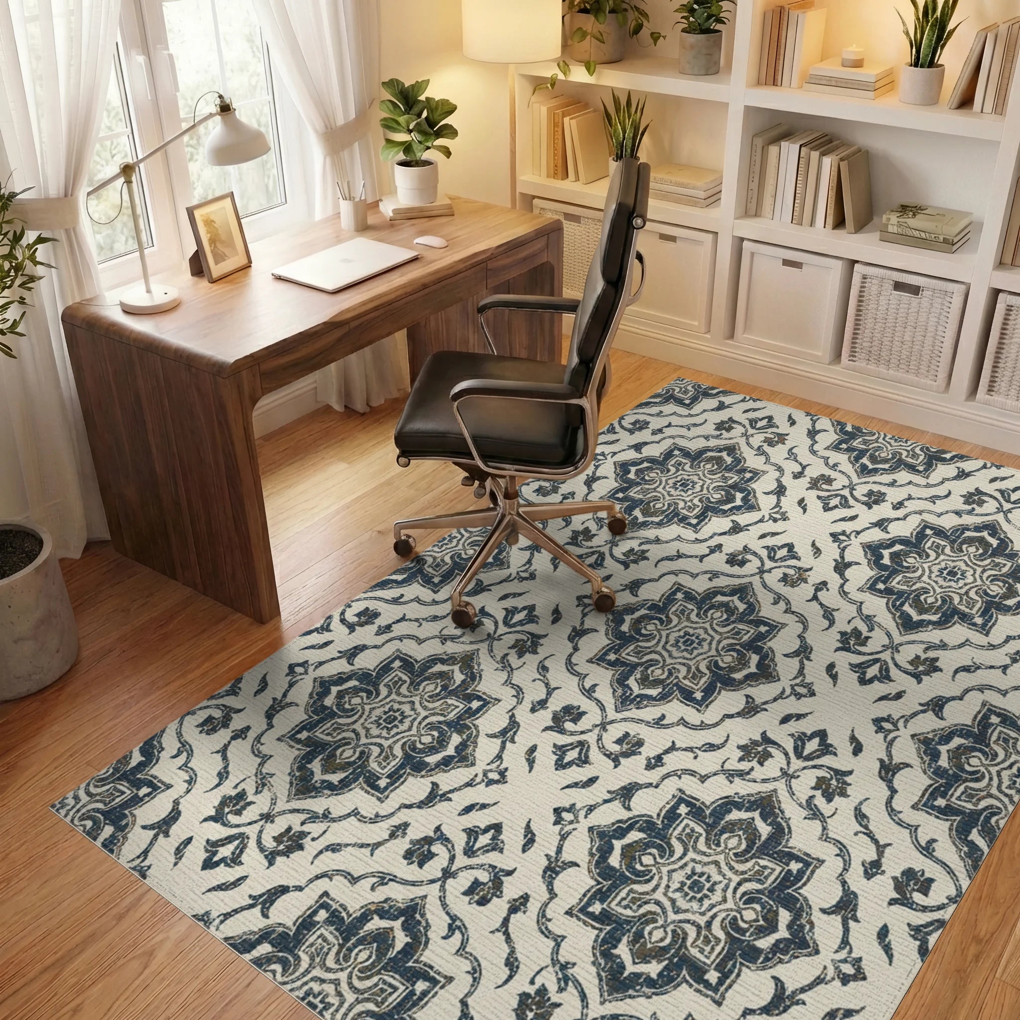 Distressed Navy Damask Medallion Rug Office View