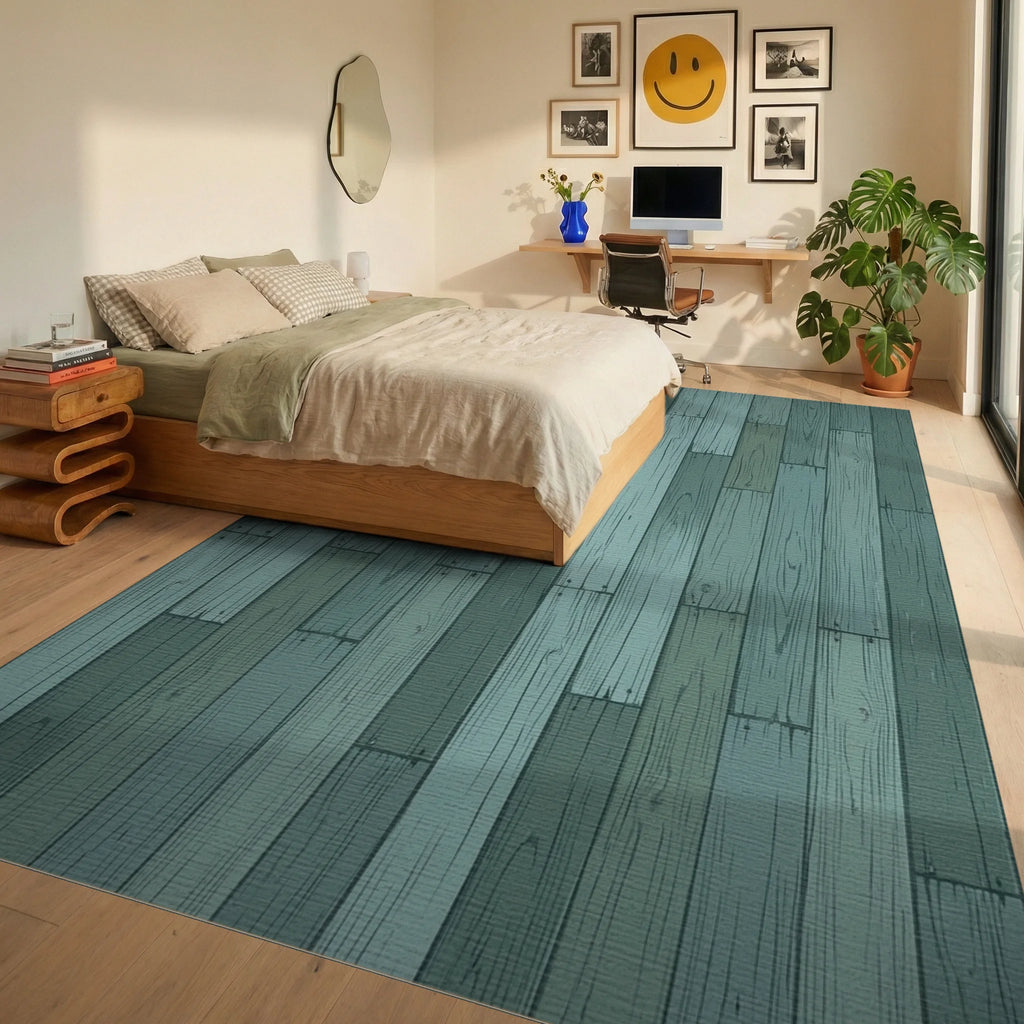 Distressed Wood Plank Teal Rug Bedroom View