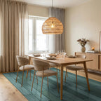 Distressed Wood Plank Teal Rug Dining Room View