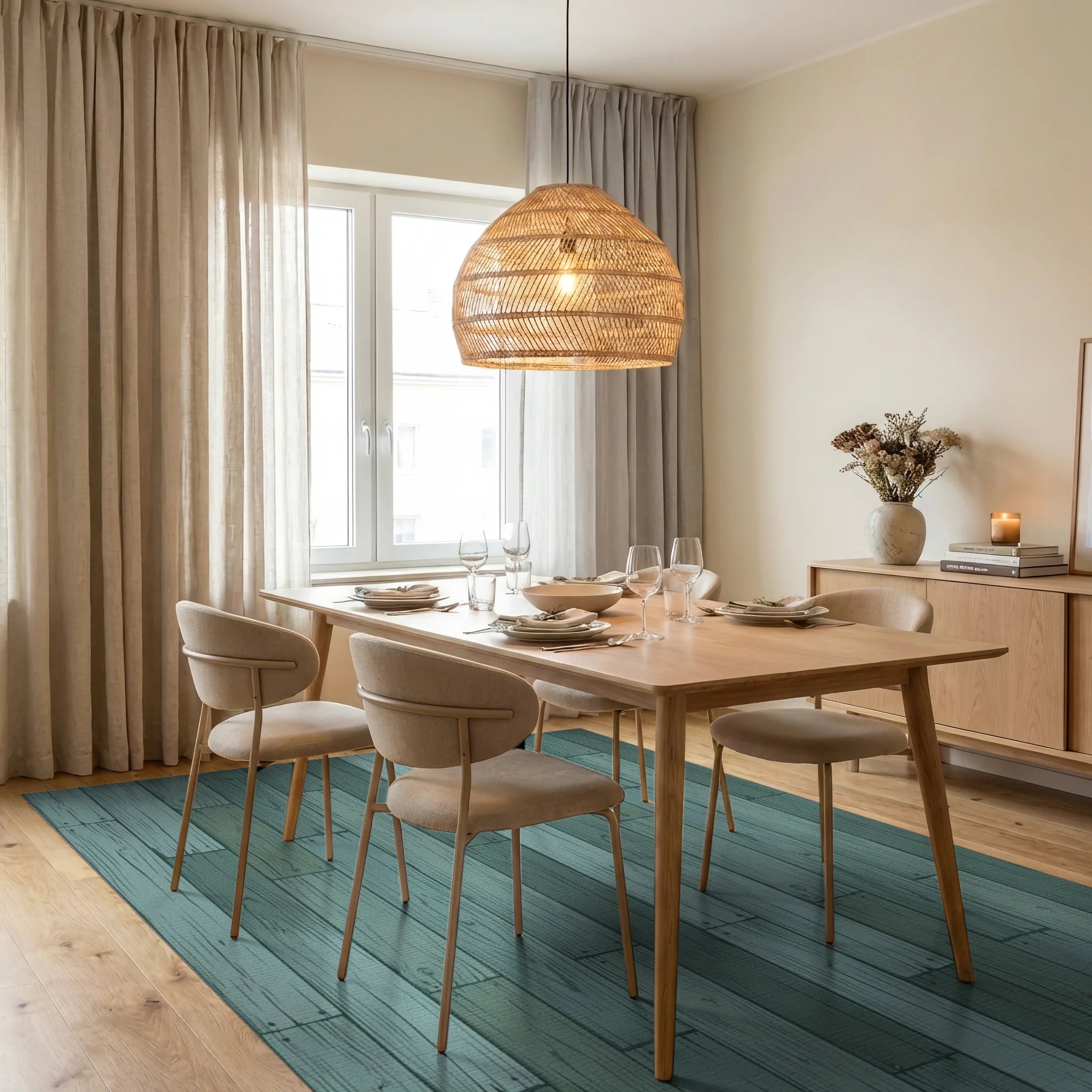 Distressed Wood Plank Teal Rug Dining Room View