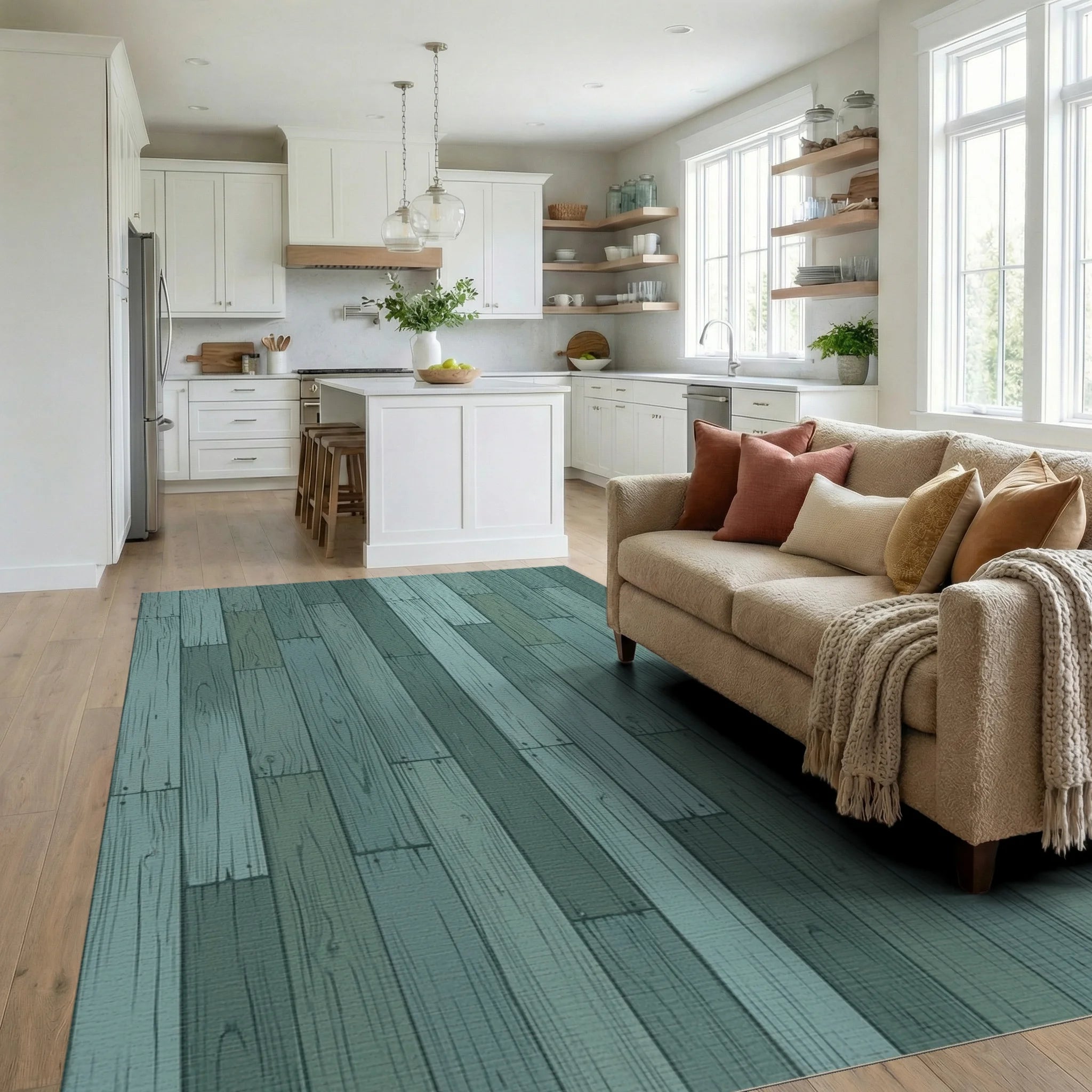Distressed Wood Plank Teal Rug Living Room View